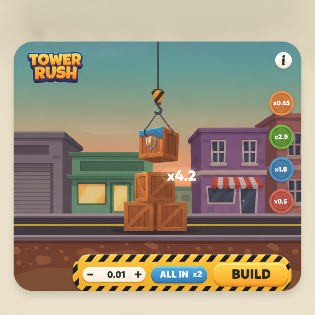 Tower Rush gameplay detail — kraan positioneert een houten kist, huidige vermenigvuldiger weergegeven, besturingszone met actieve BUILD-knop