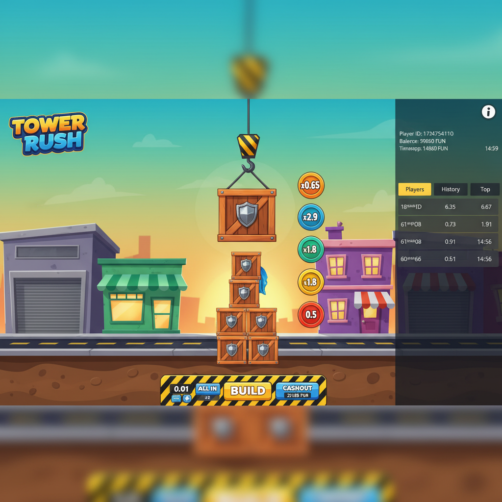 Volledig Tower Rush spelinterface — kraan plaatst een kist op de toren, realtime vermenigvuldigers op zijbadges, BUILD- en CASHOUT-knoppen zichtbaar