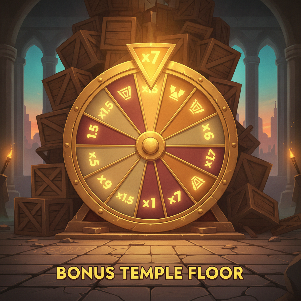 Tower Rush Temple Floor bonus — groot gouden wiel met 10 secties en vermenigvuldigers van ×1,5 tot ×7, klaar om te draaien